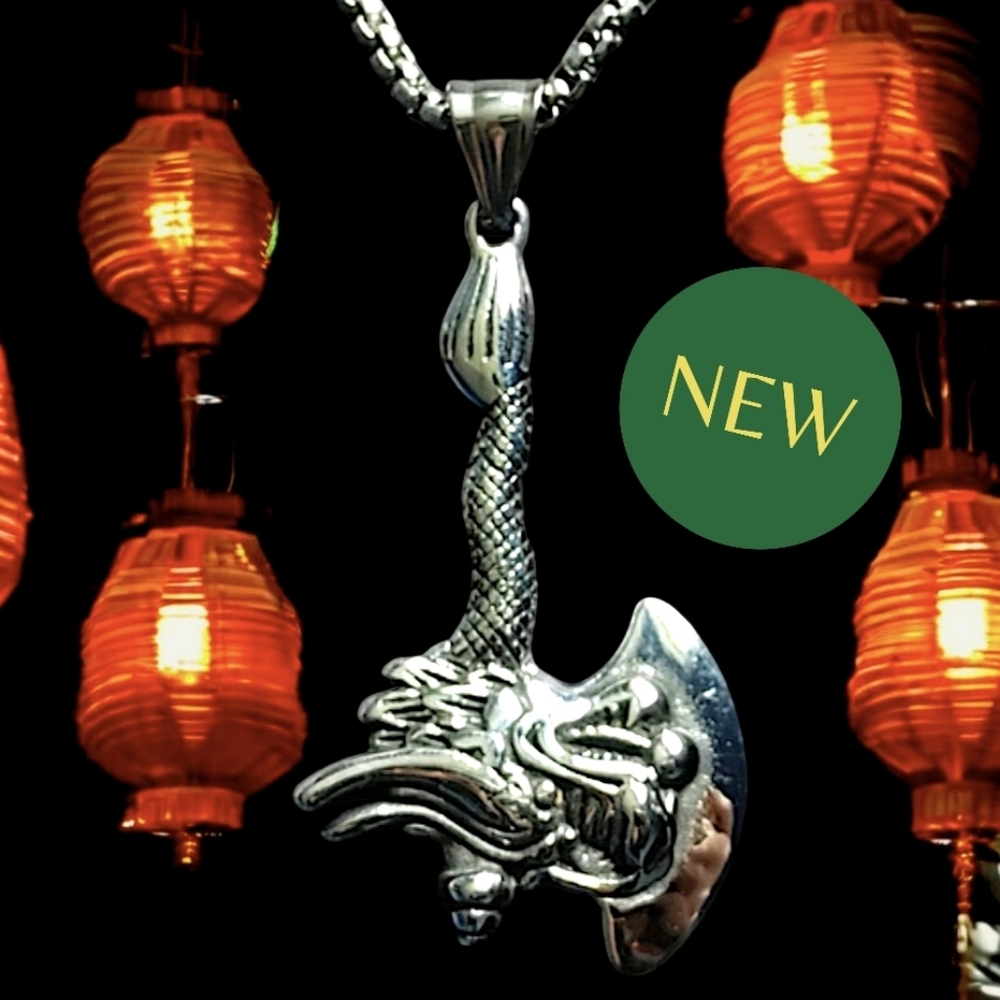 🐉NEW Stainless Steel Silver Asian Dragon Axe Pendant Necklace